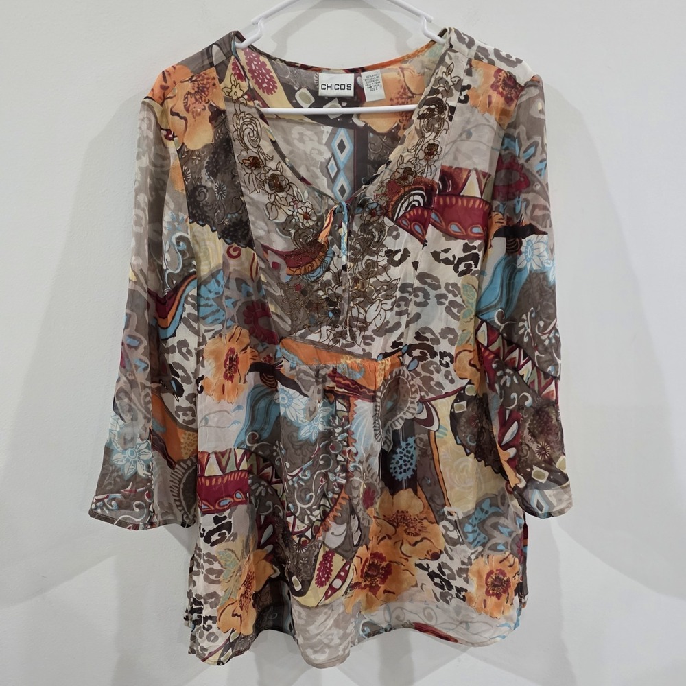 Chicos Womens‎ Silk Sheer Top Size Large Floral Beaded Embroidered Patchwork